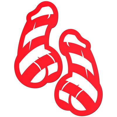 Red and white striped candy cane shaped novelty nipple pasties set with peel-and-stick adhesive.
