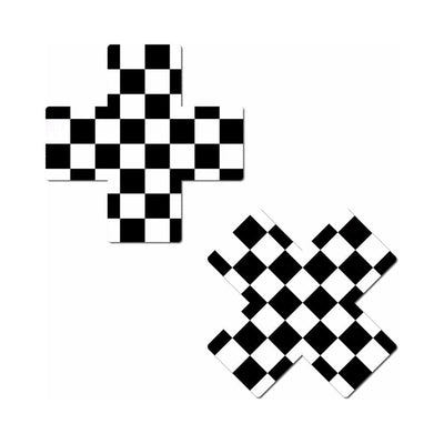 Black and white checkerboard cross-shaped nipple pasties set on white background