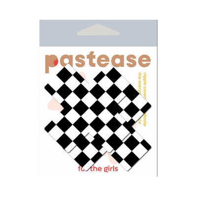 Black and white checkerboard cross-shaped nipple pasties on Pastease branded packaging.