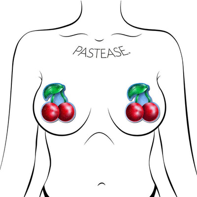 Illustration of a torso wearing Pastease red cherry-shaped nipple pasties with green leaves and stems.