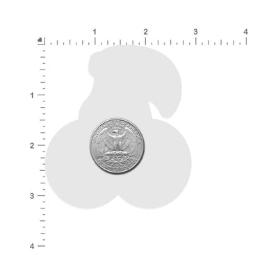 Size comparison of Pastease Cherry nipple pasties silhouette with a US quarter coin on a white background with measurement scale.