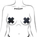 Illustration of a torso wearing black sparkling crystal cross-shaped nipple pasties by Pastease.