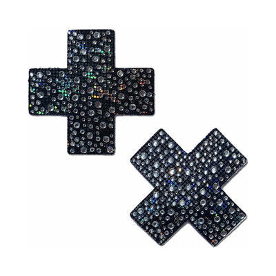Black cross-shaped pasties adorned with sparkling crystal rhinestones for stylish coverage and shine.