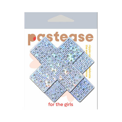 Silver crystal sparkling cross-shaped nipple pasties on branded Pastease packaging with "for the girls" text.