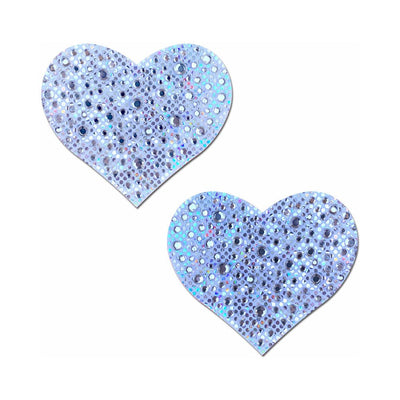 Pair of silver heart-shaped nipple pasties adorned with sparkling crystal accents on a white background.