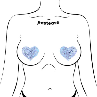 Illustration of a torso wearing silver crystal heart-shaped nipple pasties by Pastease.