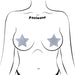 Illustration of silver crystal star-shaped nipple pasties applied on a stylized female chest outline.