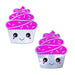 Pair of glittery silver cupcake-shaped nipple pasties with bright pink frosting and smiling faces.