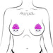 Illustration of a torso wearing bright pink cupcake-shaped nipple pasties with smiling faces and white glittery frosting.