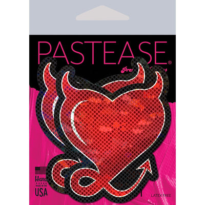 Red glitter heart-shaped pasties with devil horns and tail design, packaged with Pastease branding.