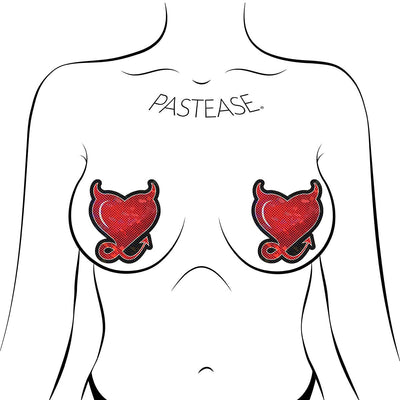 Illustration of red glitter heart-shaped devil pasties with horns and tail on a stylized female chest outline.