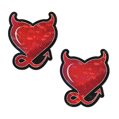 Pair of red glitter heart-shaped pasties with devil horns and tails outlined in black