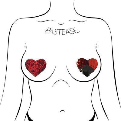 Red and black reversible sequin heart-shaped nipple pasties on a stylized female torso illustration.
