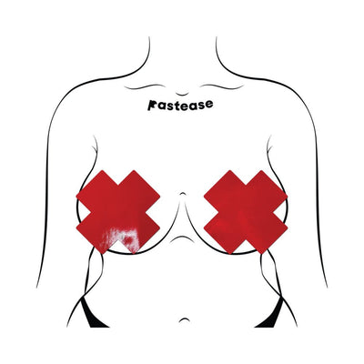 Illustration of a torso wearing shiny red faux latex full coverage X-shaped pasties with adhesive tape straps.