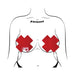 Illustration of a torso wearing shiny red faux latex full coverage X-shaped pasties with adhesive tape straps.