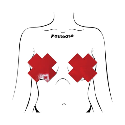 Illustration of a torso wearing red faux latex full coverage X-shaped pasties by Pastease.