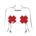 Illustration of a torso wearing red faux latex full coverage X-shaped pasties by Pastease.