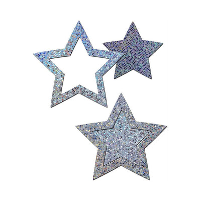 Silver glitter star-shaped nipple pasties with solid and outline designs on a white background.