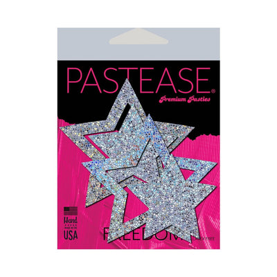 Silver glitter star-shaped nipple pasties on pink and black Pastease branded packaging.