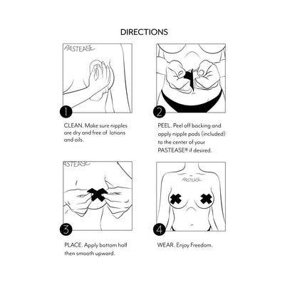 Illustrated instructions showing how to clean skin, peel backing, apply silver star pasties, and wear for comfort and freedom.