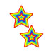 Pair of glittery rainbow star-shaped nipple pasties with layered vibrant colors and red outline on white background.