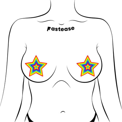 Illustration of a torso wearing rainbow star-shaped nipple pasties with layered colorful outlines.