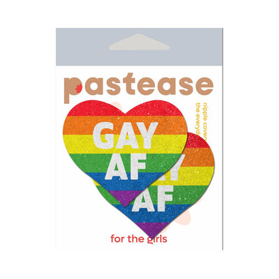 Pastease Glitter Rainbow Gay AF heart-shaped nipple pasties with bold white text on rainbow glitter background in retail packaging.