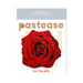 Red glitter velvet rose-shaped nipple pasties packaged with Pastease branding on white background.