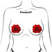 Illustration of red glitter velvet rose-shaped nipple pasties on a stylized female torso.