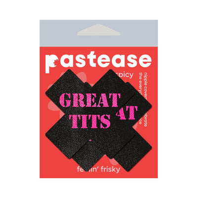 Black cross-shaped nipple pasties with pink "Great Tits" text on red Pastease branded packaging.