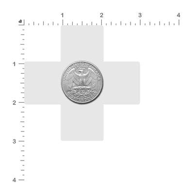 Black and pink cross-shaped nipple pastie with a US quarter coin for size comparison on a white background with measurement grid.