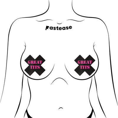 Illustration of black cross-shaped nipple pasties with pink "Great Tits" text on a female torso outline.