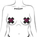 Illustration of black cross-shaped nipple pasties with pink "Great Tits" text on a female torso outline.