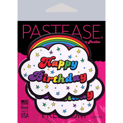 Pastease Happy Birthday cloud-shaped nipple pasties with rainbow and colorful stars design on packaging.