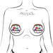 Illustration of a torso wearing Pastease Happy Birthday cloud-shaped rainbow nipple pasties with colorful stars and text.
