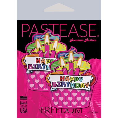 Pastease Happy Birthday cupcake design nipple pasties with colorful candles and hearts on pink background packaging.