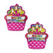 Pair of colorful cupcake-shaped nipple pasties with "Happy Birthday" text and lit candles design