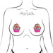 Illustration of a woman wearing multicolor glittery Happy Birthday cupcake nipple pasties by Pastease.