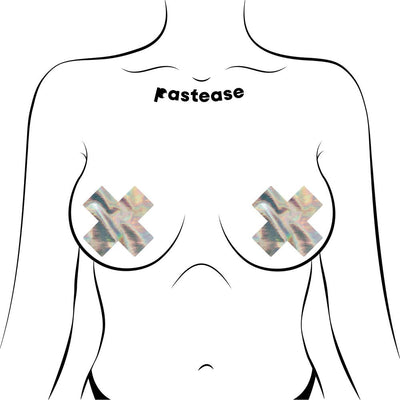 Illustration of a torso wearing silver holographic cross-shaped nipple pasties by Pastease