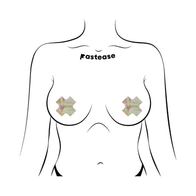 Illustration of a torso wearing two holographic silver cross-shaped nipple pasties by Pastease.