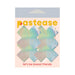 Pack of two pairs of silver holographic cross-shaped nipple pasties on pastel pink backing card with Pastease branding.