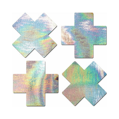 Two pairs of holographic silver cross-shaped nipple pasties with a shimmering iridescent finish on a white background.