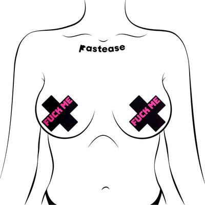 Illustration of a torso wearing black cross-shaped nipple pasties with pink "FUCK ME" text by Pastease.