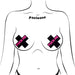 Illustration of a torso wearing black cross-shaped nipple pasties with pink "FUCK ME" text by Pastease.