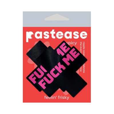 Pastease black cross-shaped nipple pasties with bold pink text on red packaging.