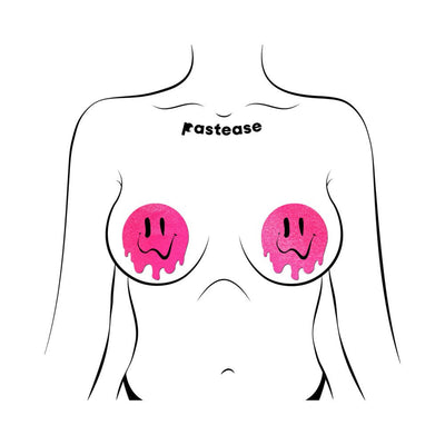 Illustration of a torso wearing neon pink pasties with melting black smiley face designs.