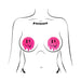 Illustration of a torso wearing neon pink pasties with melting black smiley face designs.