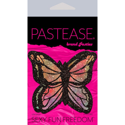Pastease Monarch glitter pastel rainbow butterfly nipple pasties on pink and black packaging with bold pink text.