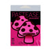 Pastease Neon Pink Mushroom-shaped nipple pasties with black spots on vibrant pink packaging, made in the USA, latex-free.