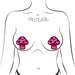 Illustration of a torso wearing neon pink mushroom-shaped nipple pasties with black spots by Pastease.